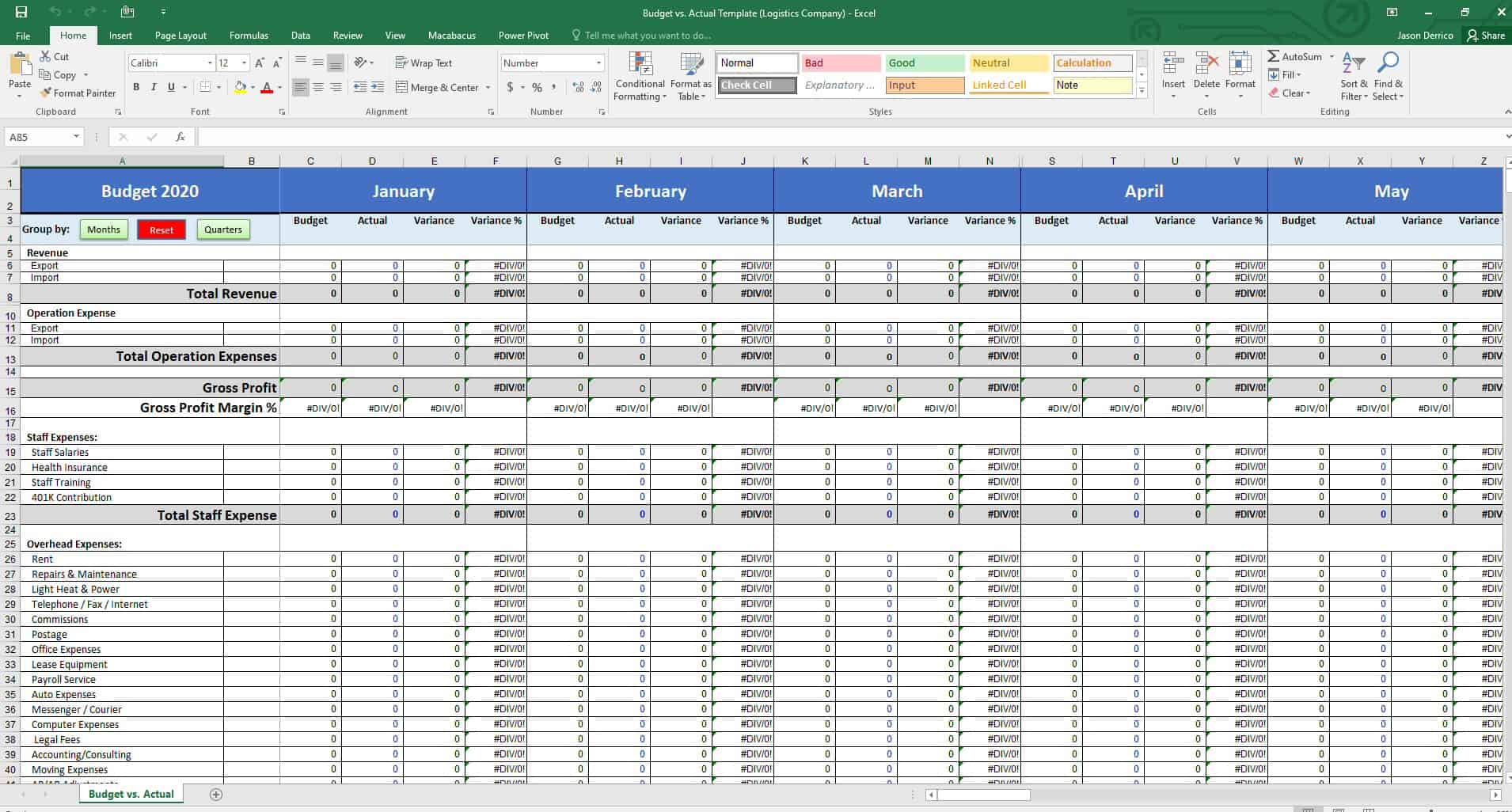 #1 Best Budget vs. Actuals Template for Logistics Company